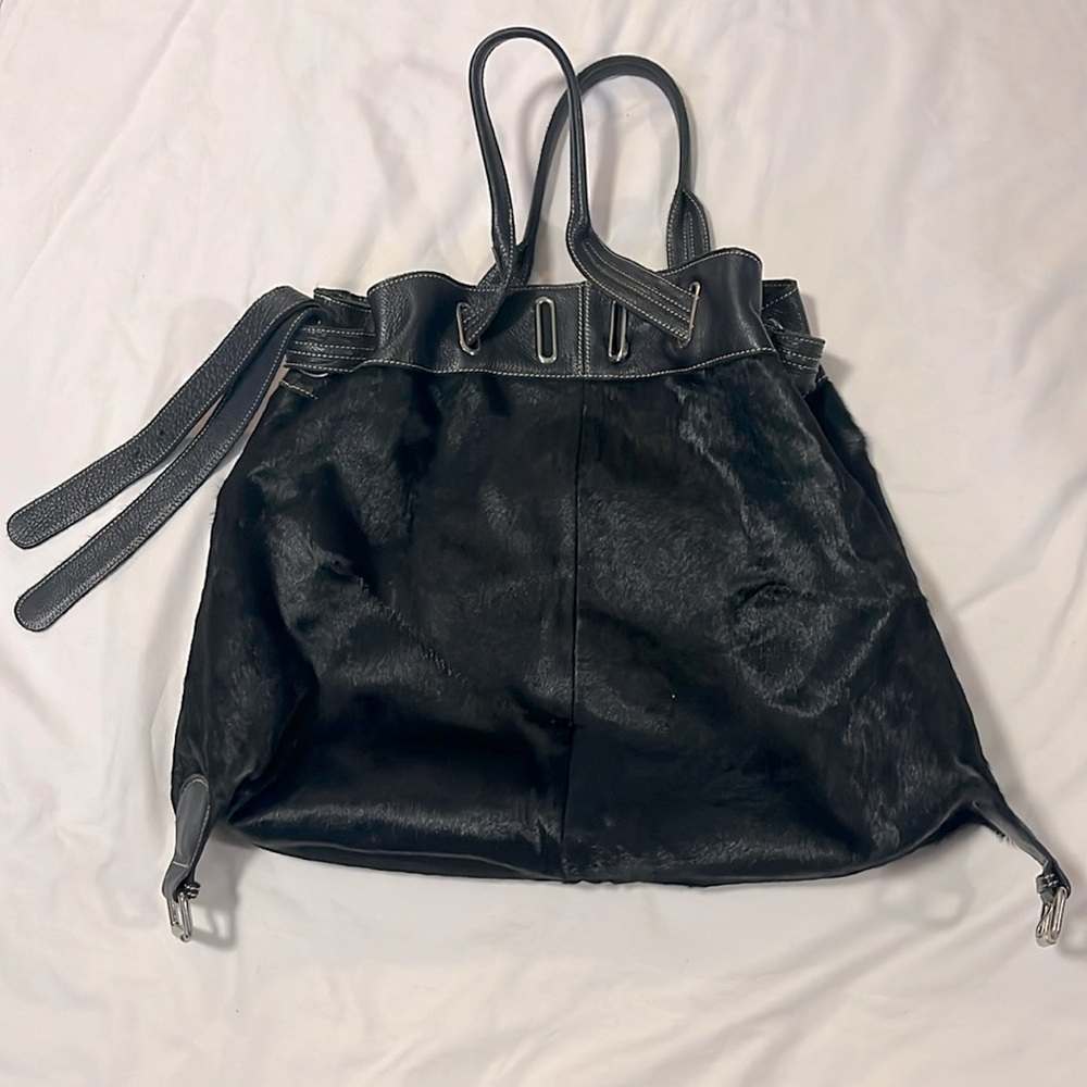 Aqua Madonna Calf Fur purse, black leather purse, large black leather purse